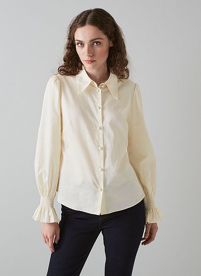 Etten Cream Cotton Shirred Cuff Blouse