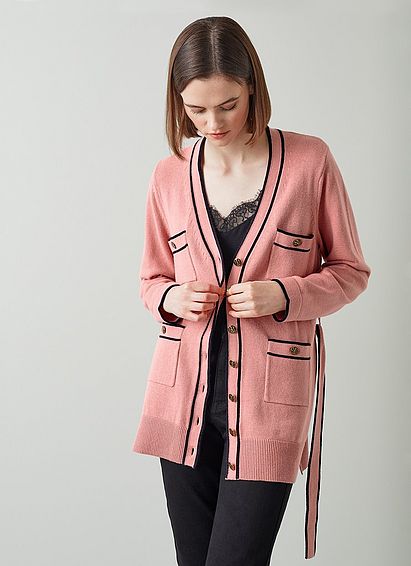 Gaia Pink Wool-Cotton Long Belted Cardigan