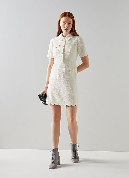Venetia Cream Tweed Scallop Edge Dress