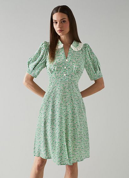 Roisin Mint Daisy Print Frill Collar Silk Dress
