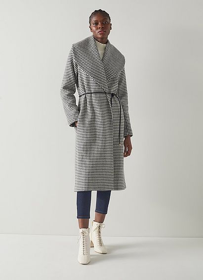 Manon Navy And Cream Houndstooth Wool-Blend Coat