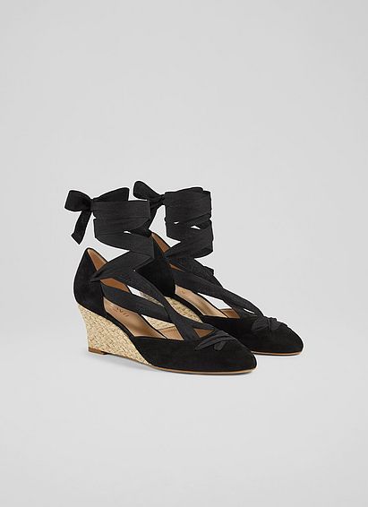 Lana Black Suede Crossover Strap Espadrille Wedges