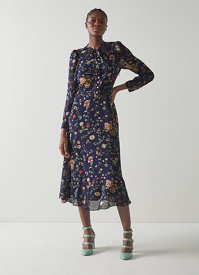 Keira Navy Camelia Print Silk Georgette Midi Dress