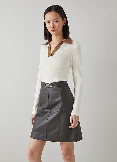 Diana Cream And Camel Ribbed Jersey Open Collar Top