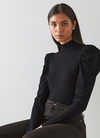 Cora Black Jersey Puff Sleeve Turtle Neck Top