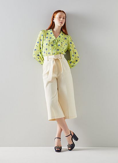 Beecham Lime Cornflower Print Scallop Collar Silk Blouse