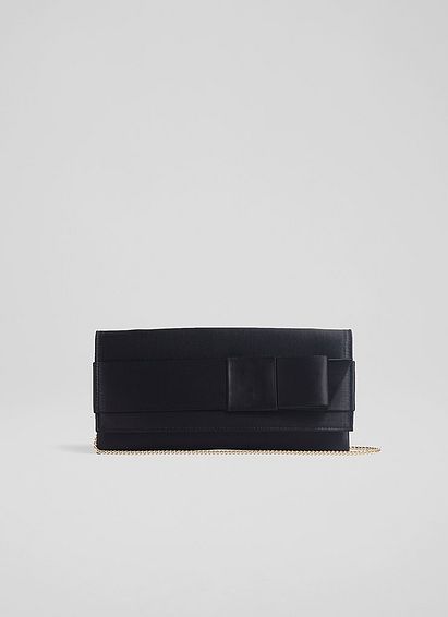 Catalina Black Satin Bow-Detail Clutch