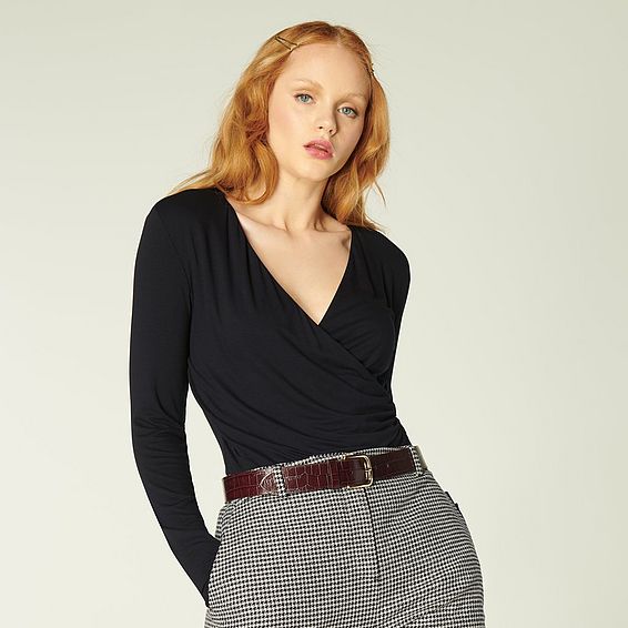 Eames Black Jersey Wrapover Top