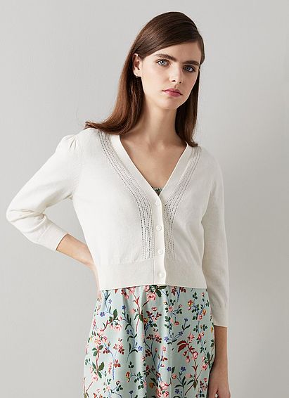 Leonora Cream Cotton-Wool Pointelle Trim Cardigan