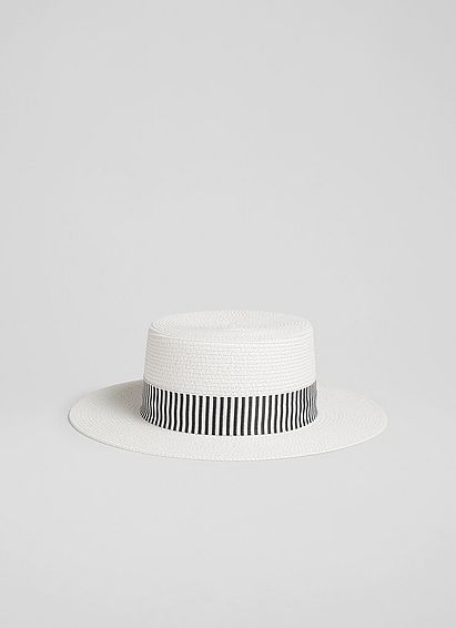 Dina White and Navy Raffia Boater Hat