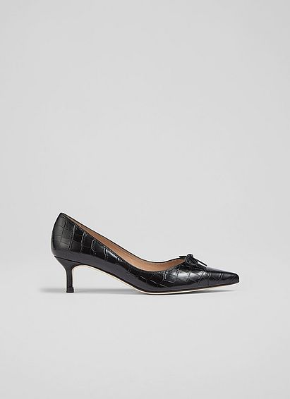 Missy Black Croc-Effect Leather Bow-Detail Courts