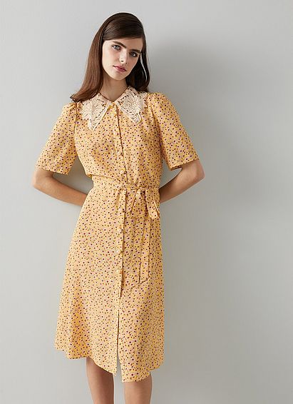 Haskell Yellow Daisy Print Lace Collar Silk Shirt Dress