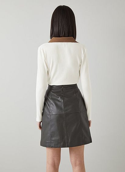 Diana Cream And Camel Ribbed Jersey Open Collar Top