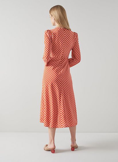 Gabrielle Pink and Orange Chevron Stripe Silk Midi Dress