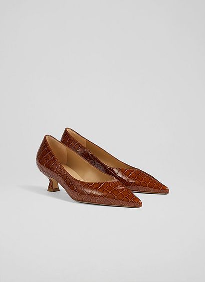 Dakota Ginger Croc-Effect Patent Leather Kitten Heel Courts