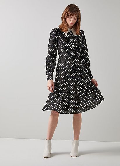 Mathilde Black and Multi Polka Dot Silk Tea Dress