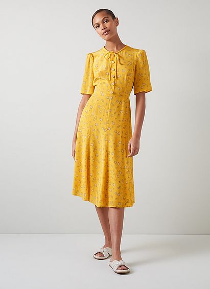 Montana Yellow Naive Floral Print Silk Tea Dress