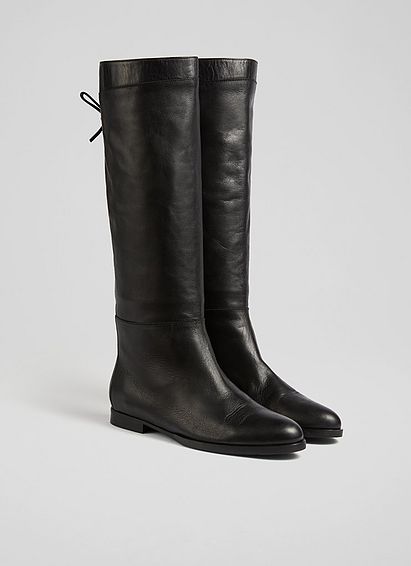 Cassandra Black Leather Flat Knee-High Boots