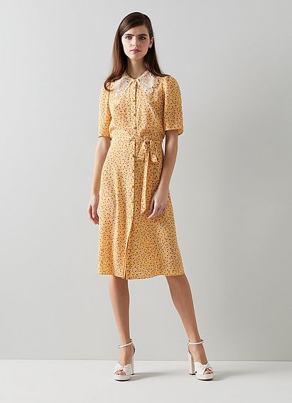 Haskell Yellow Daisy Print Lace Collar Silk Shirt Dress