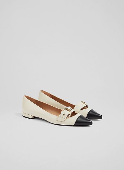 Milly Black and Cream Leather Buckle Detail Flats