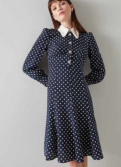 Mathilde Navy & Cream Polka Dot Silk Tea Dress