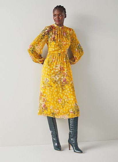 Leandra Yellow Camelia Print Silk Devor�� Midi Dress