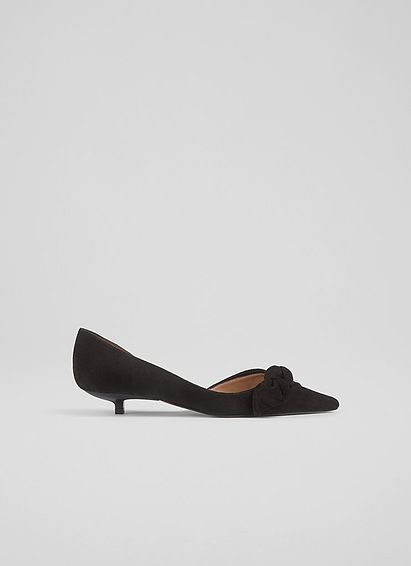 Lily Black Suede Bow Front Kitten Heel Courts