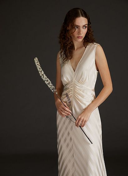 Colette Cream Silk Chevron Stripe Long Wedding Dress