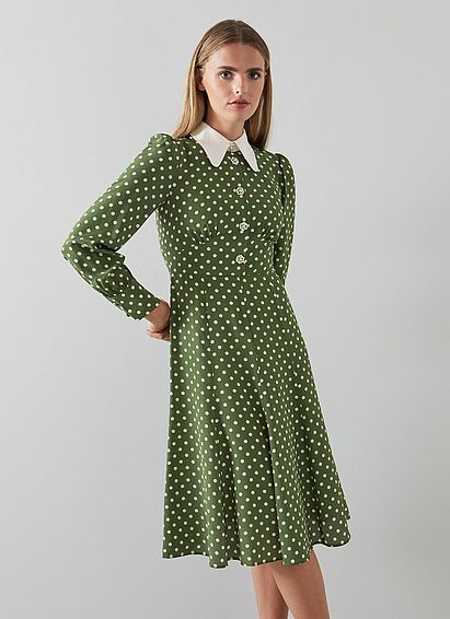 Mathilde Green And Cream Polka Dot Silk Tea Dress