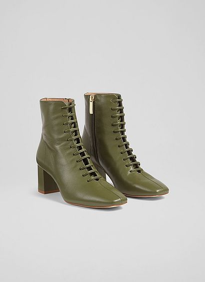 Arabella Olive Leather Lace-Up Ankle Boots