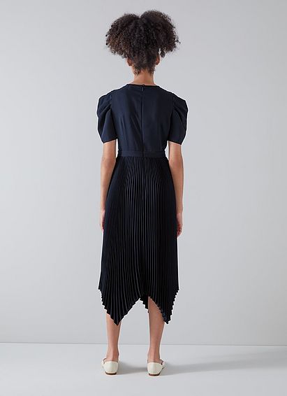 Aveline Navy Pleated Asymmetric Hem Dress