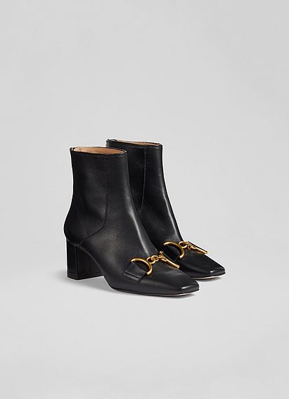Nadina Black Leather Snaffle-Detail Ankle Boots