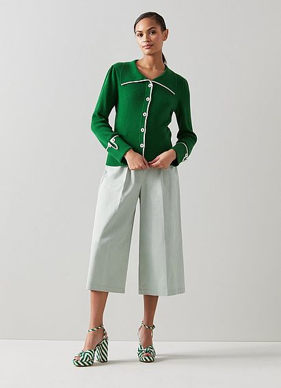 Bea Green Merino-Cotton Contrast Trim Ribbed Cardigan