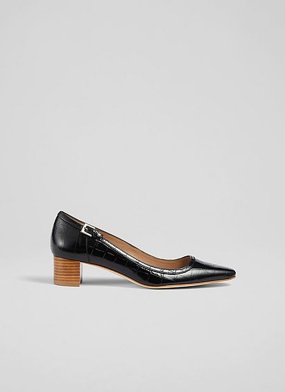 Amelia Black Croc-Effect Leather Stack Heel Courts