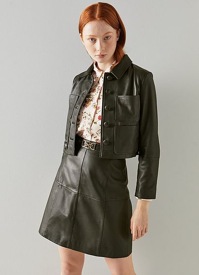 Aubree Dark Green Leather Cropped Jacket