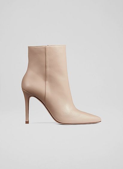Cleo Latte Leather Pointed Stiletto Ankle Boots