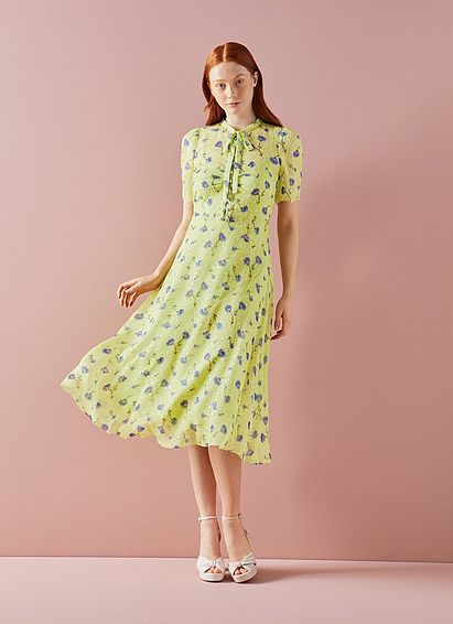 Sina Lime Cornflower Print Silk-Blend Devor�� Dress