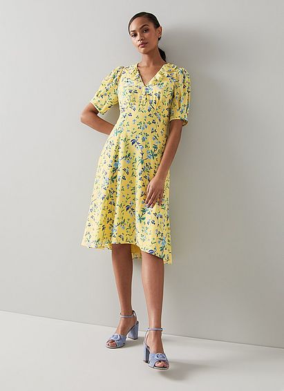 Pami Yellow Apple Blossom Print Silk Dress