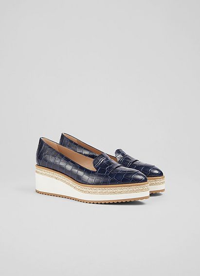 Carrie Navy Croc-Effect Leather Platform Loafers