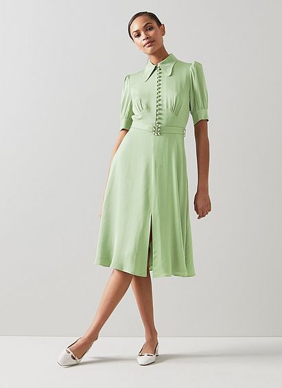 Amor Green Satin Crepe Crystal Belt Dress