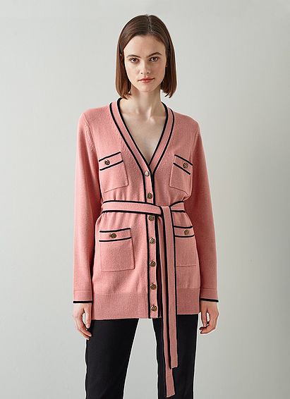 Gaia Pink Wool-Cotton Long Belted Cardigan