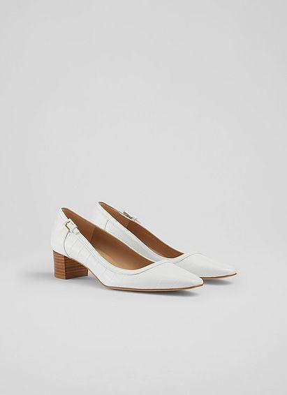 Amelia White Croc-Effect Leather Stack Heel Courts