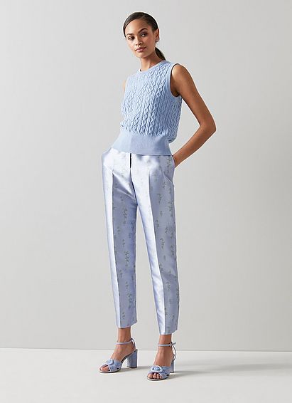 Rosalind Blue Satin Floral Jacquard Trousers
