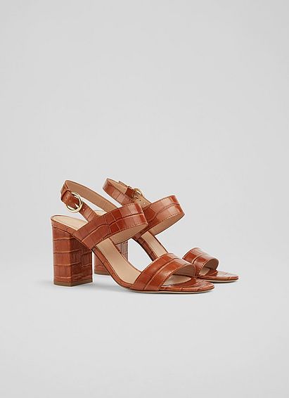 Raya Tan Croc-Effect Leather Sandals
