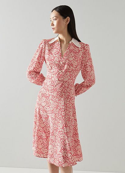 Flo Red Marguerite Print Contrast Collar Silk Dress