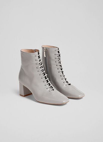 Arabella Grey Leather Lace-Up Ankle Boots