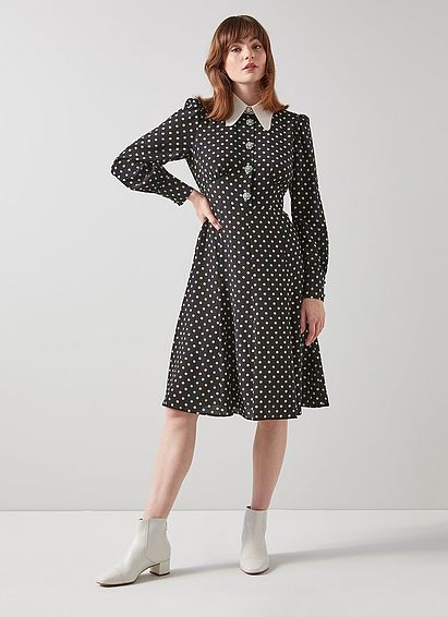 Mathilde Black and Multi Polka Dot Silk Tea Dress