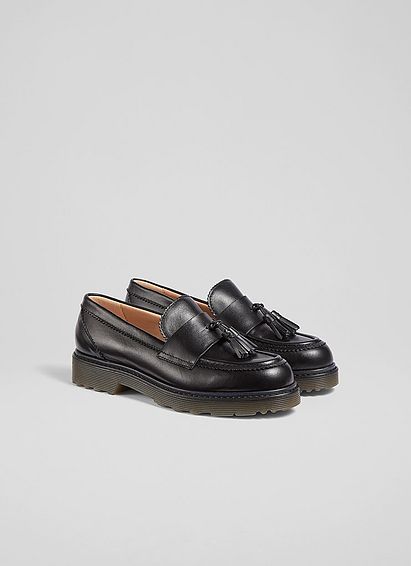 Elena Black Leather Tassel-Detail Chunky Loafers