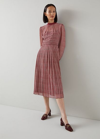 Marianne Red Houndstooth Print Georgette Pleated Midi Dress