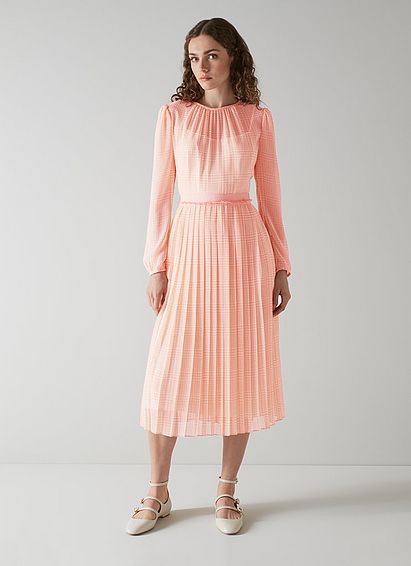 Avery Pink and Cream Houndstooth Print Pleated Midi Dress
